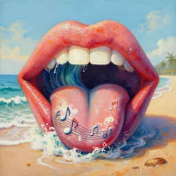 a beach shaped like a singing mouth, the waves are made is musical notes, one wave is shaped like the mouths tongue, very colorful painting 8 k trending on art station, intricate details, very realistic, cinematic lighting, volumetric lighting,