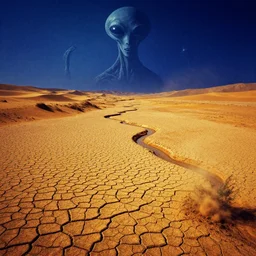 the ancient alien home world by ivan shishkin and zacharias aagaard and gillis rombouts and donato giancola, dry river bed, barren desert landscape, chiaroscuro, tonalism, sfumato, high saturation, high contrast, vibrant, highly intricate details, dusty