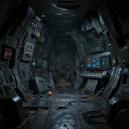 dark broken interior of alien futuristic spaceship with amount of electromagnetic devices and tools, sharp edges, texture displacement, sss, reflections, raytracing, raymarching, subsurface scattering, best of digital art, by elia pellegrini, by nicola scognamiglio