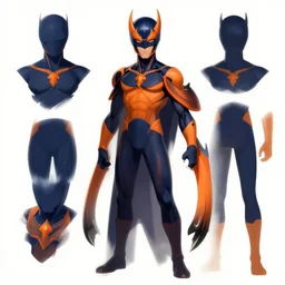 supervillain concept art, character sheet, navy and orange, samurai inspired suit, skin - tight, upper body portrait, digital art