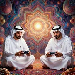portrait, twins playing video games, sheik mohammad ruler of dubai, background in the fourth dimension, psychedellic fractals, ayahausca, tryptamine, hyperdetailed illustration by irakli nadar and alexandre ferra, intricate linework, unreal engine 5 highly rendered, global illumination, radiant light, detailed and intricate environment