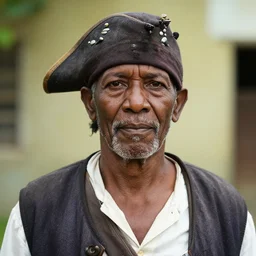 an award winning outdoors portrait no - hat photo of a black pirate hispanic stout short old man pirate in a pirate ship with mustache and stern face, short parted hair, movie color graded
