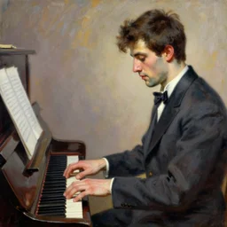 attractive man playing piano, painting by tom of finland, john william waterhouse, claude monet