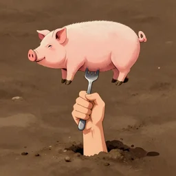 demon hand sticking out of dirt, Holding a fork with a pig on it, Trending on Artstation, Hiroaki Tsutsumi style
