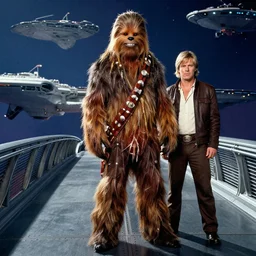 chewbacca and han solo standing on the bridge of the starship enterprise