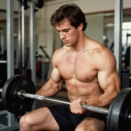 medium shot! real photograph, very muscular male pumping iron, photograph, color vintage