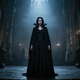 mary elizabeth winstead as a vampire in a gothic cathedral at night, gloomy, cinematic, ground mist, volumetric light.