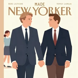portrait of Mads Mikkelsen and Hugh Dancy holding hands romantically as they chaperone school dance by Michael Whelan, Bob Larkin and Tomer Hanuka, simple illustration, domestic, nostalgic, clean, Matte painting, trending on artstation and unreal engine, New Yorker magazine cover