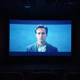 big flat cinema screen shining bright blue and darkness around it, man on the screen, still from movie 1 9 8 4