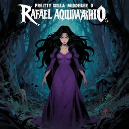 Rafael Albuquerque comic cover art, artgerm, Joshua Middleton, pretty Stella Maeve witch doing black magic, serious look, purple dress, symmetrical eyes, symmetrical face, long black hair, full body, dark forest, cool colors