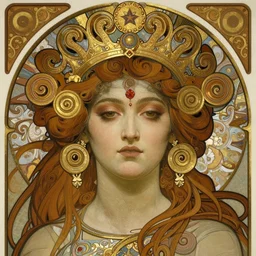 realistic detailed face portrait of Kali by Alphonse Mucha, Greg Hildebrandt, and Mark Brooks, gilded details, spirals, Neo-Gothic, gothic, Art Nouveau, ornate medieval religious icon