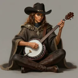 a highly detailed illustration of zendaya wearing cowboy hat and poncho, dramatic sitting playing banjo pose, intricate, elegant, highly detailed, centered, digital painting, artstation, concept art, smooth, sharp focus, league of legends concept art, WLOP