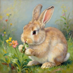 A painting of a huge cute bunny  eating flowers in the style of Zdzistaw Beksinski