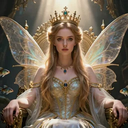 highly detailed closeup portrait of a fairy princess wearing a crown and sitting on a throne, nicoletta ceccoli, mark ryden, lostfish, earl nore, global illumination, god rays, detailed and intricate environment