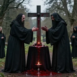 two dark - evil priests conduct a black mass with a blood ritual sacrifice at bohemian grove