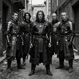 white ancestral ornate medieval tactical gear standing inside an alleyway, black leather samurai garment, long shot, dark abandoned city streets, by irving penn and storm thorgerson, ren heng, peter elson, alvar aalto