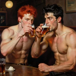 attractive muscular male with red hair and muscular attractive male with black hair, drinking their hearts out, in a pub. very defined and highly detailed painting by gaston bussiere, j. c. leyendecker, craig mullins 8 k