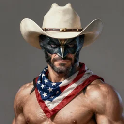 a portrait of wolverine with a cowboy hat on with an American flag scarf, D&D, sci-fi, elegant, hopeful, muscular, highly detailed, digital painting, artstation, concept art, smooth, sharp focus, illustration