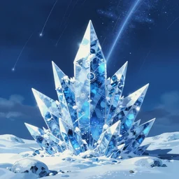 blue themed snow crystal blue landscape, meteor shower, epic, miyazaki style, cinematic, indie, highly detailed, featured on artstation, highly detailed, abstract