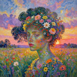 head made of flowers, standing in a flower field, big trees, sunrise dramatic light, impressionist painting, colorful clouds, digital painting, pointillism, artstation, simon stalenhag