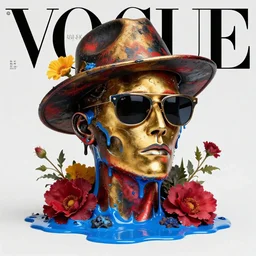 a head made out of melting metal, it is of golden and red and black colors, it is wearing sunglasses and a hat, there are flowers all around it, blue paint melting, vogue cover style, greg rutkowski style, demonic style