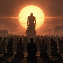 the silhouette of the unmaker stands in front of the sun as the masses kneel before him in hope of salvation, end of the world, year 5 0 0 0, ominous, haunting, concept art, trending on artstation, by ted nasmith, ralph horsley, jim burns