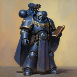 painting of a cloaked tech priest holding a book, adeptus mechanicus, cybernetic enhancements attached to his body, zdzislaw beksinski, lewis jones, dariusz zawadzki, wayne barlow, warhammer 4 0 k, cold hue's, warm tone gradient background, concept art, digital painting