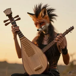 Stern English fox Woman playing the cyber lute. Slender neck. Master Lutist. Long dark facial hair. Punk. Art by William-Adolphe Bouguereau. During golden hour. Extremely detailed. Beautiful. 4K. Award winning.