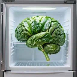 a brain made from peace lily leaves floating above a fridge realistic 4 k hd detailed sci fi art