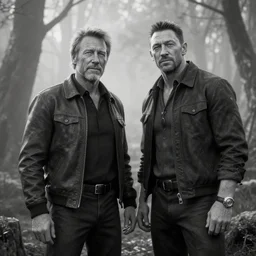 medium long shot of clint eastwood and tom hardy, detalied, highly rendered, black and white, sharp, dreamy, misty woods, unreal engine 5