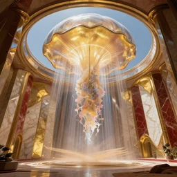 interior of a futuristic lotus jellyfish membrane wirh caustics and light rays temple with gold, red and white marble panels, in the desert, by buckminster fuller and syd mead, intricate contemporary architecture, photo journalism, photography, cinematic, national geographic photoshoot