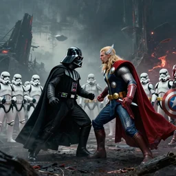 beautiful artwork of Darth Vader fighting Thor on a post-apocalyptic planet, surrounded by Storm Troopers and the Avengers, HD, eerie