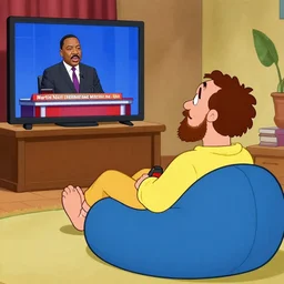 Post Malone watching a televised debate between Martin luther and Martin luther king while sitting on a bean bag, animation in style of the Flintstones