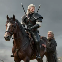 geralt the witcher 3 riding a horse meeting with samuel l jackson d & d fantasy intricate elegant highly detailed digital painting artstation concept art matte sharp focus illustration hearthstone art by artgerm art by greg rutkowski art by alphonse mucha