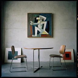 kodak portra 4 0 0, 8 k, low angle, flashlight shot of a highly detailed, britt marling style, award winning colour still - life portrait of a large minimalistic bauhaus room with rough concrete walls, a square picasso painting, a 1 9 6 0 s table and chair, some square paintings