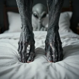 a gray alien with long fingers at the foot of the bed, beksinski, dariusz zawadzki, very coherent symmetrical artwork, cinematic, hyper realism, high detail, octane render, 8 k