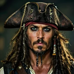 close - up portrait of a pirate in a pirate hat, tanned, with a gray beard, art, icon of game