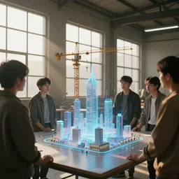 group of people in simple windowed warehouse, looking at hologram of futuristic city on a table, cinematic concept art, godrays, golden hour, natural sunlight, 4 k, clear details, tabletop model buildings, center model buildings, hologram center, crane shot, crane shot, crane shot