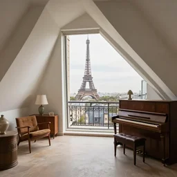 parisian studio attic with a balcony and roof window, decorated with vintage furniture and piano, with eiffel view, wide angle lens , real photo