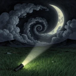 dark, nightly, spiral, naive nerikomi, weird perspective, extra narrow, detailed illustration, lit by flashlight, grass field, mountainous terrain, curly fluffy clouds, volumetric lighting, concave crescent moon