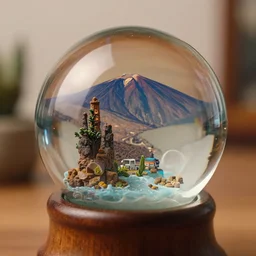beautiful colorful photograph of tenerife inside a glass snow ball. stock photo. depth of field. studio lighting. reflections. wood. cozy. teide. maquette. tilt shift. by emmanuel lubezki
