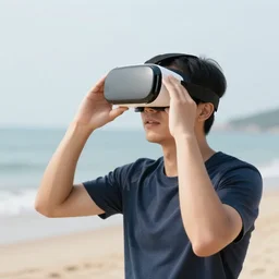 a man wearing a vr headset on the beach