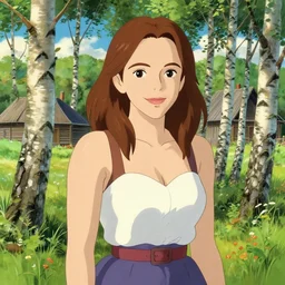 portrait art of smiling elegant girl emma stone in summer outfit at russian village, birch trees, art by studio ghibli, makoto shinkai, trending on artstation, intricate details
