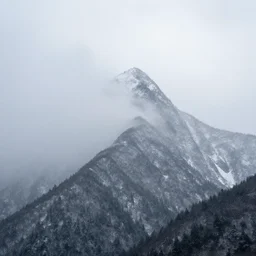 mountain in fog snowy peak