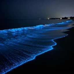 nighttime view of beach on the ocean, bioluminescent waves🌊, realistic, fine detail, 4k