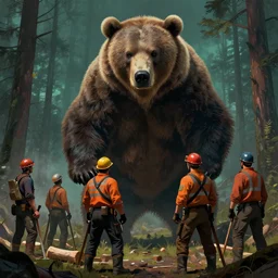 giant grizzly bear creature looking down at a group of lumberjacks, art by ismail inceoglu and filip hodas. matte painting, tenebrism, vaporwave style, artistic render
