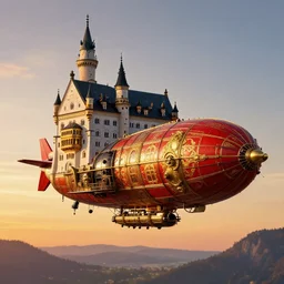 airborne steampunk dirigible graff zeppelin that strongly resembles neuschwanstein castle and frauenkirche dresden, resembling aircaft carrier, imperial bavarian and prussian, red and gold and black, dieselpunk, german baroque, napoleonic, floating above 1 8 5 0 s bavaria, gorgeous sunset by david levy vyle art, artstation