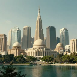 city and temples, but with trees and water, arab architectural and brutalism and gigantism, composition idea concept art for movies, style of denis villeneuve and greg fraiser