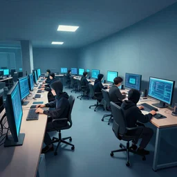 curved perspective digital art of a hacker’s computer lab by Petros Afshar
