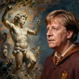the creation of adam, but with angela merkel and harry potter faces instead, high quality